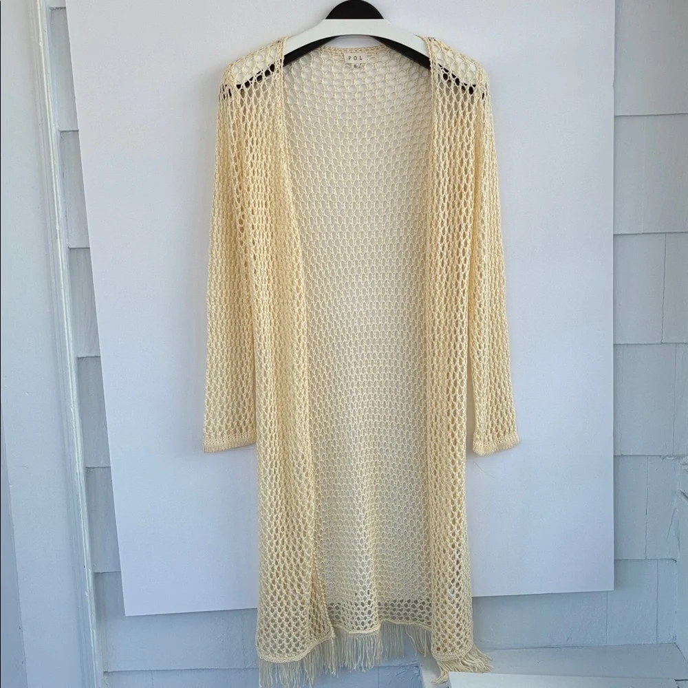 POL Women’s Cream Crochet Knitwear Boho Bohemian Open Front Cardigan Size Small